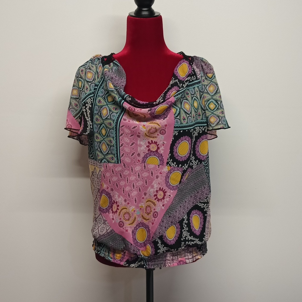 Boho Multicolor short sleeve summer sheer top women M blouse detailing back